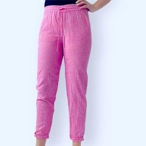 J Crew Pink Linen Pants Elastic Waist 4 Small Pockets Cuffed Crop Vacation